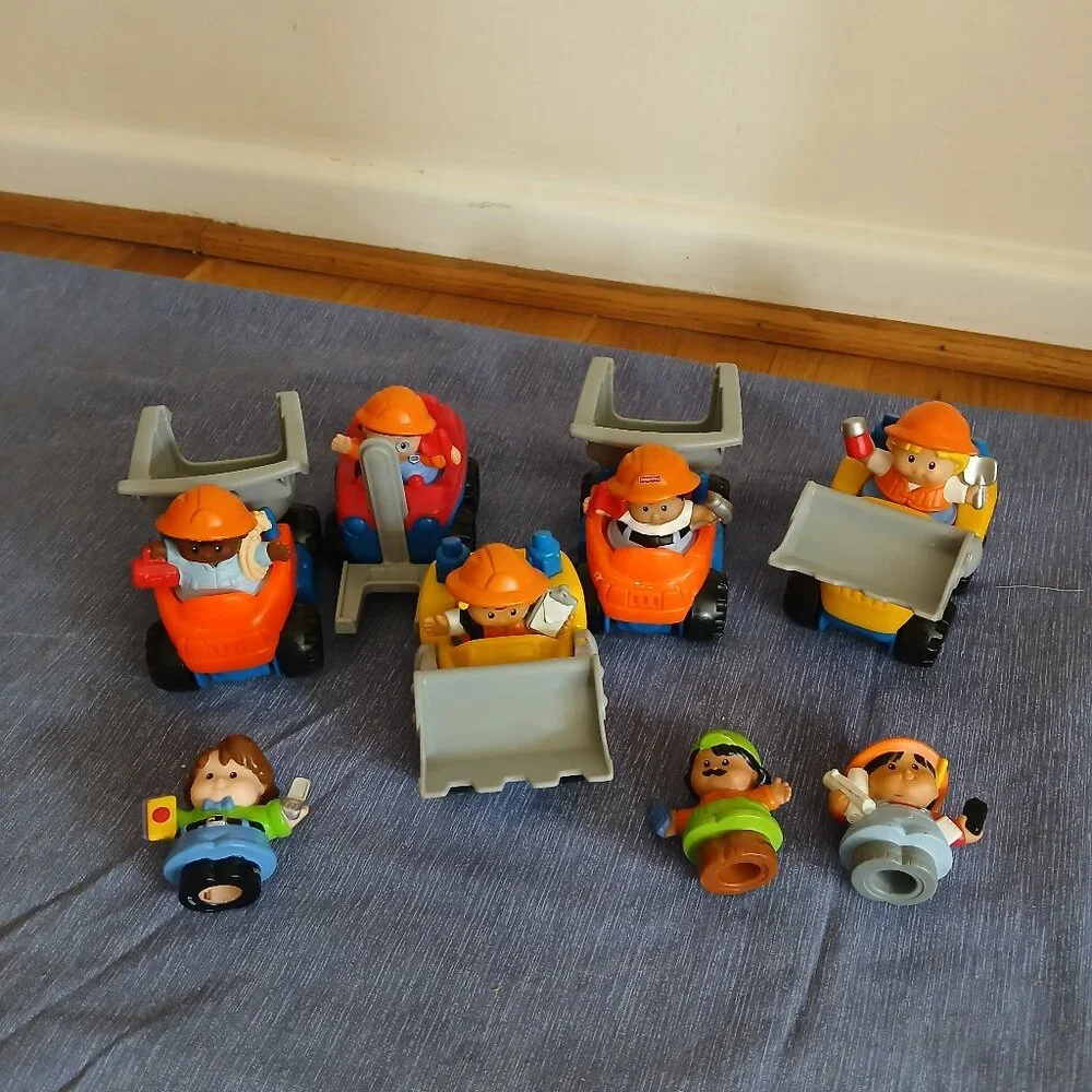Fisher-Price Little People Construction Trucks x 5 + figures x 8 Used